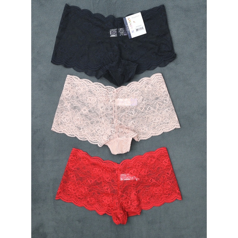 Joyspun Womens 3 Pack Lace Boyshort Panties Black Pink Red Size XS 0-2 JS662